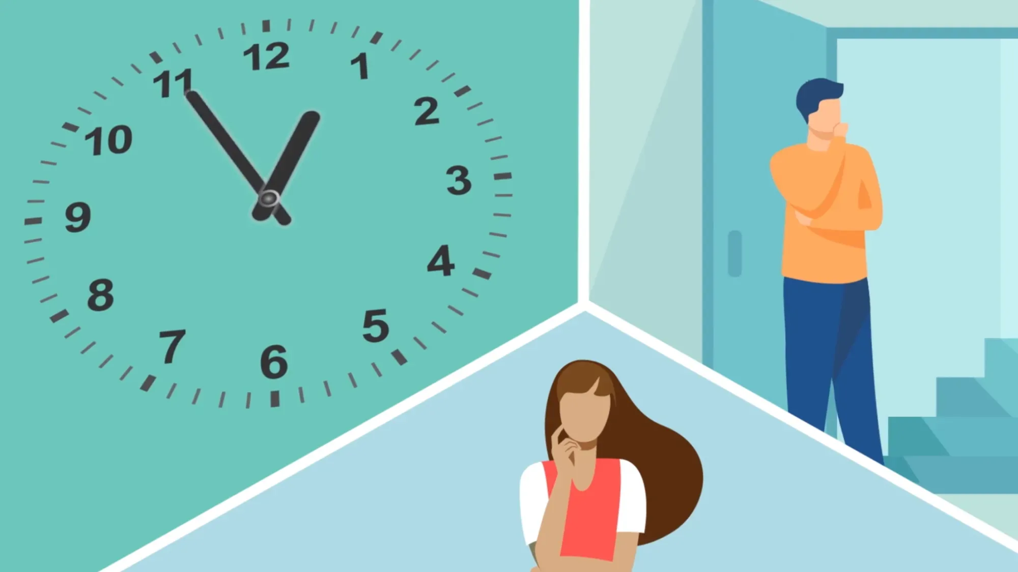 An illustrated clock and two stylised characters appear in a split-screen motion graphics scene created by Floating Harbour for the University of Bristol, supporting one-at-a-time counselling guidance.