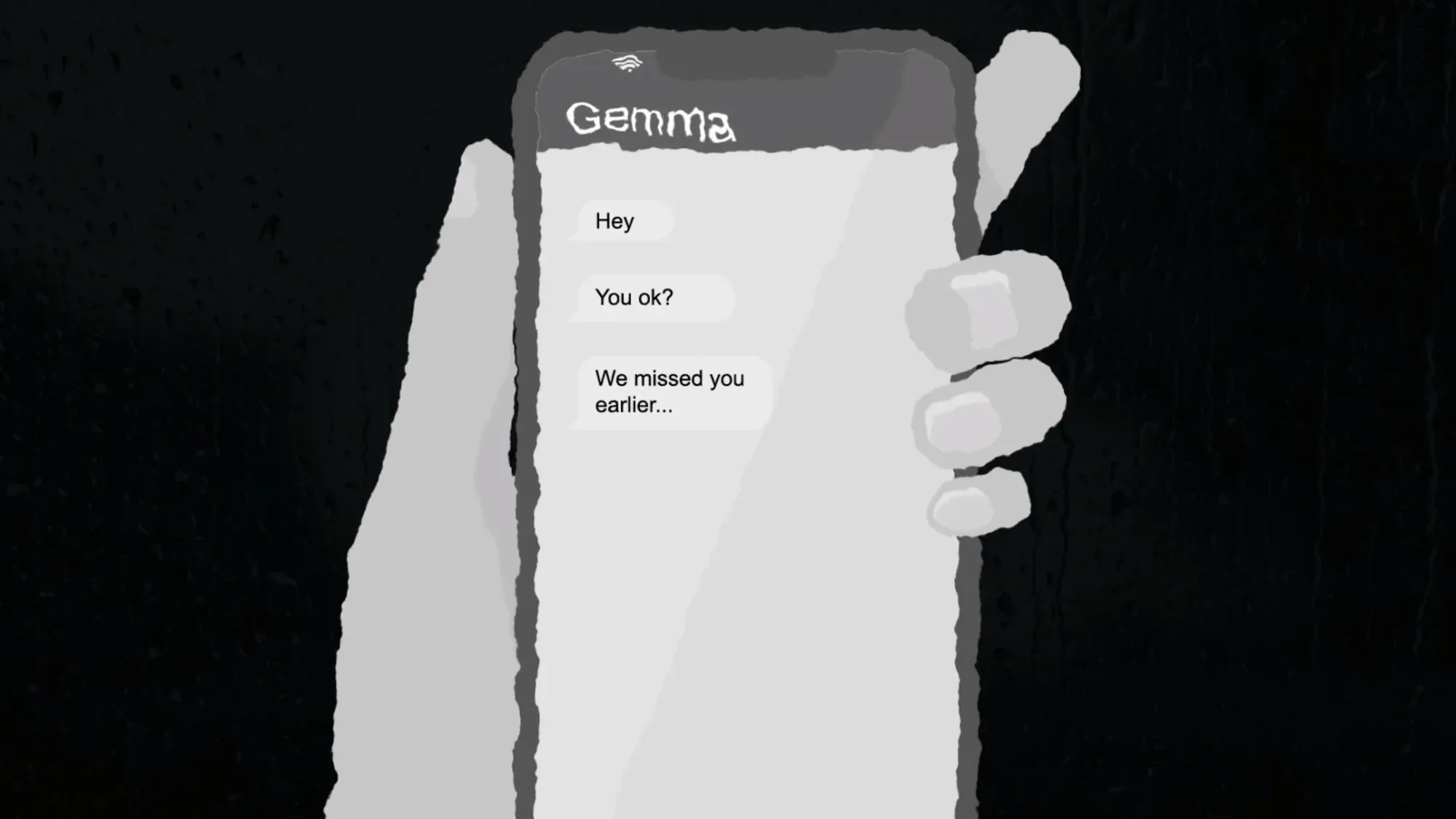 A stylised animation shows a hand holding a phone displaying concerned messages from a friend, created by Floating Harbour for a University of Bristol film addressing sexual violence support for students.